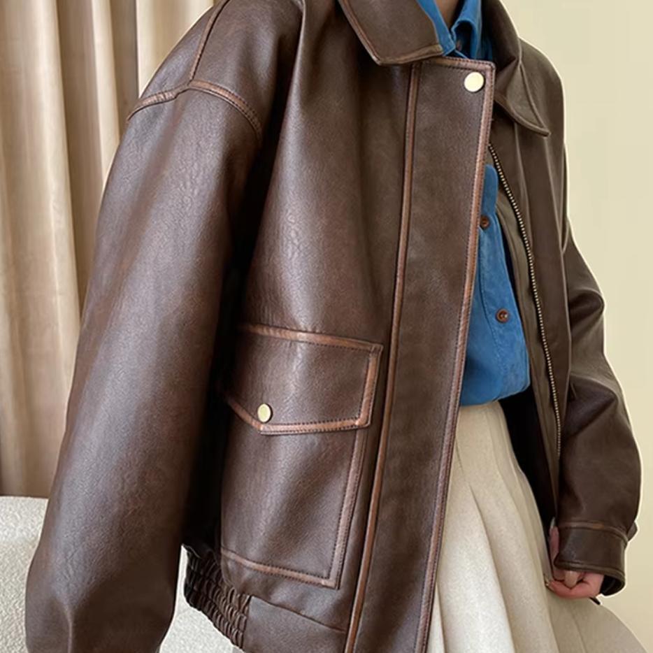 Damen Kunstlederjacke Lässig Mit Taschen Schwarz - Norvielle