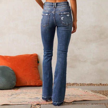Damen Flared Jeans Hochtaillierte Destroyed Details
