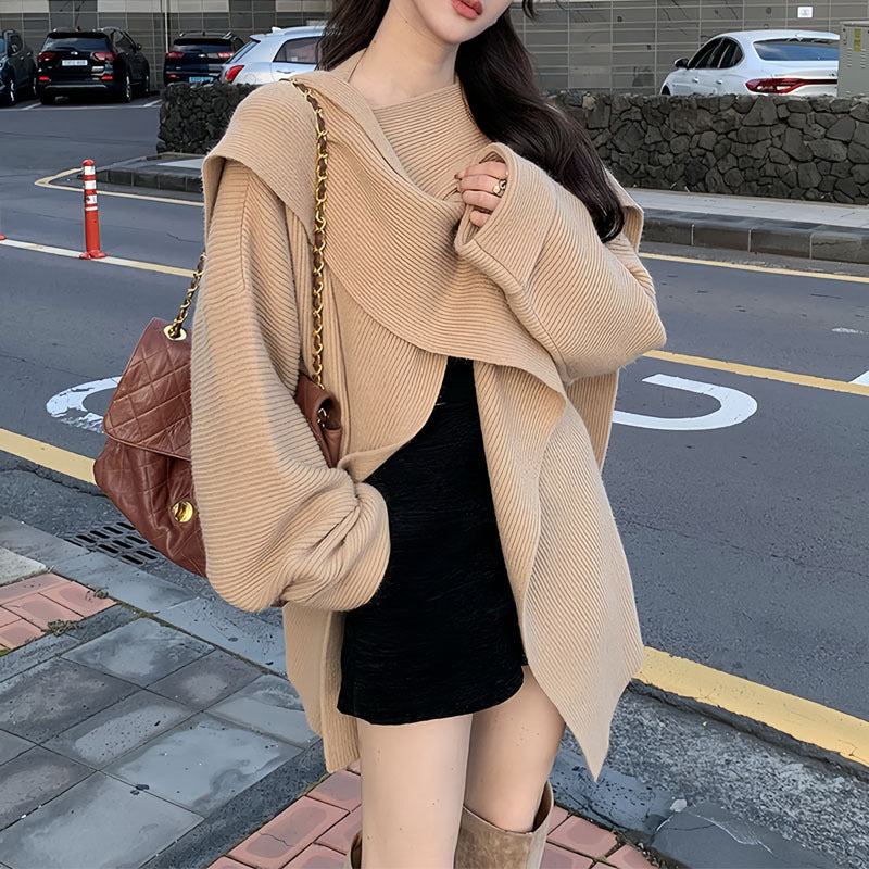 Damen Oversized Strickpullover Weich Asymmetrisch Beige - Norvielle