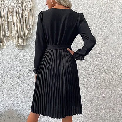Damen Wickelkleid Plissee mit Knöpfen und Taillengürtel Norvielle