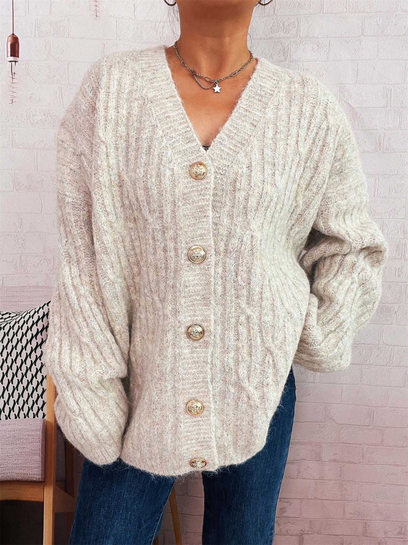 Damen Oversized Strickjacke Weiches Material Beige