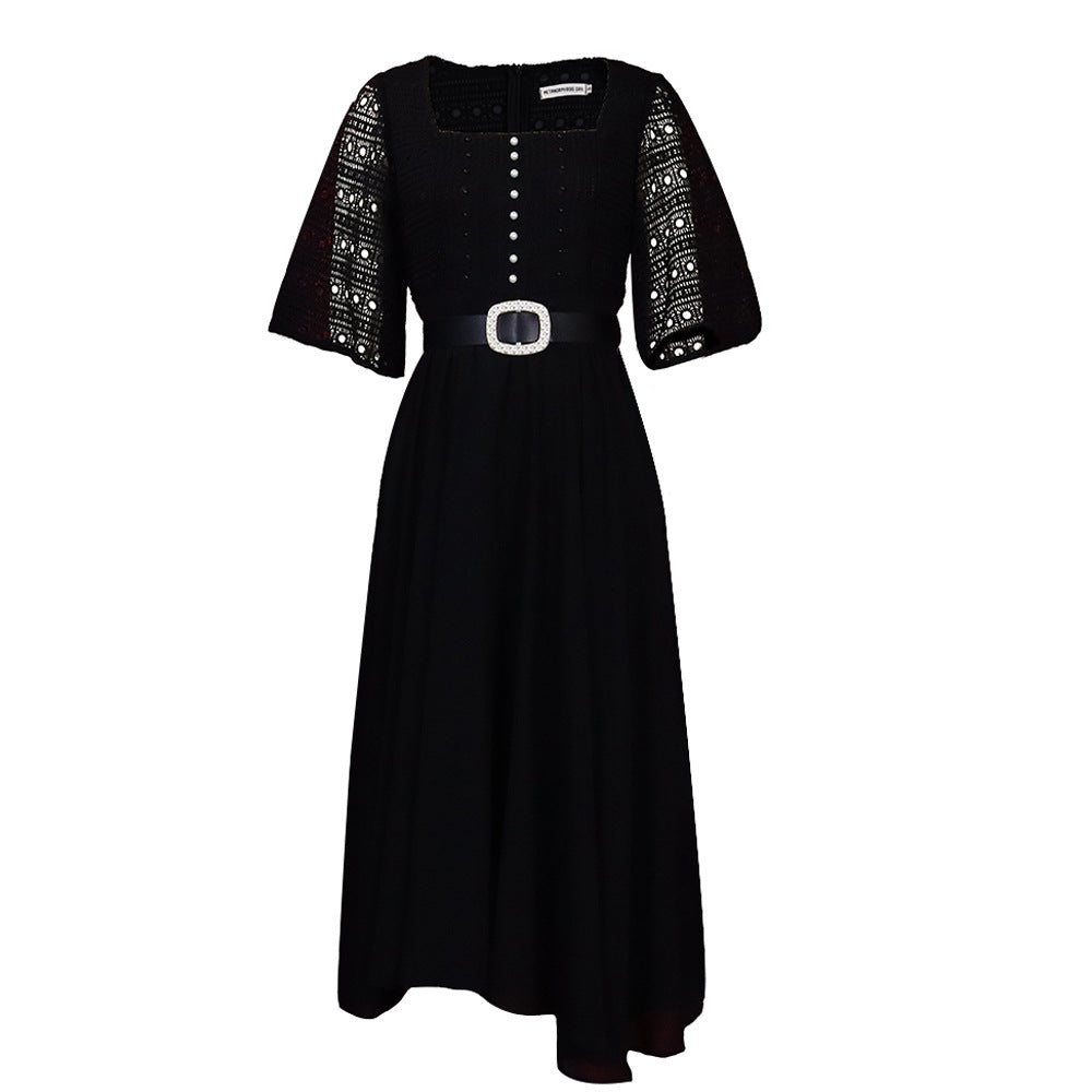 Damen Maxikleid Spitze Taillengürtel Norvielle