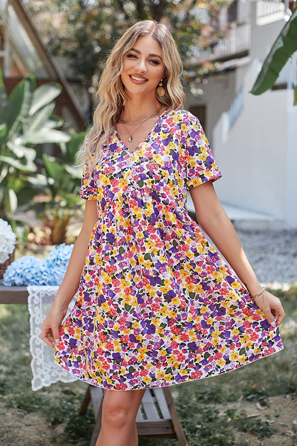 Damen Shift-Kleid V-Ausschnitt Floral Norvielle