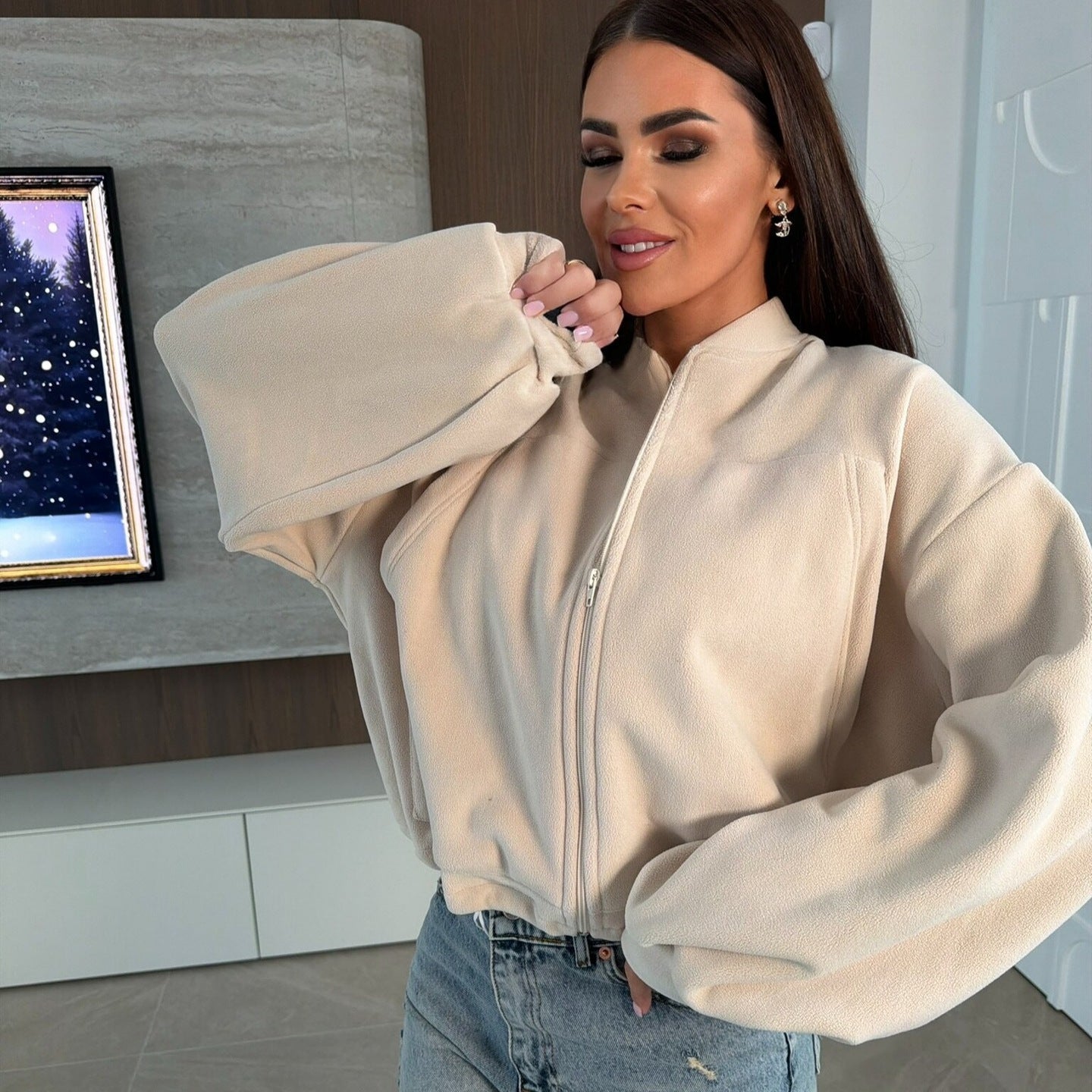 Damen Fleece-Jacke Hochkragen Reißverschluss Schwarz - Norvielle