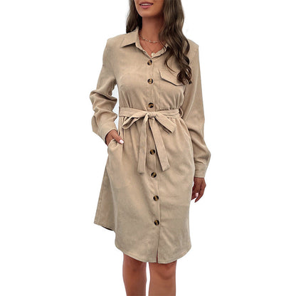 Damen Hemdblusenkleid Knielang mit Bindegürtel Norvielle