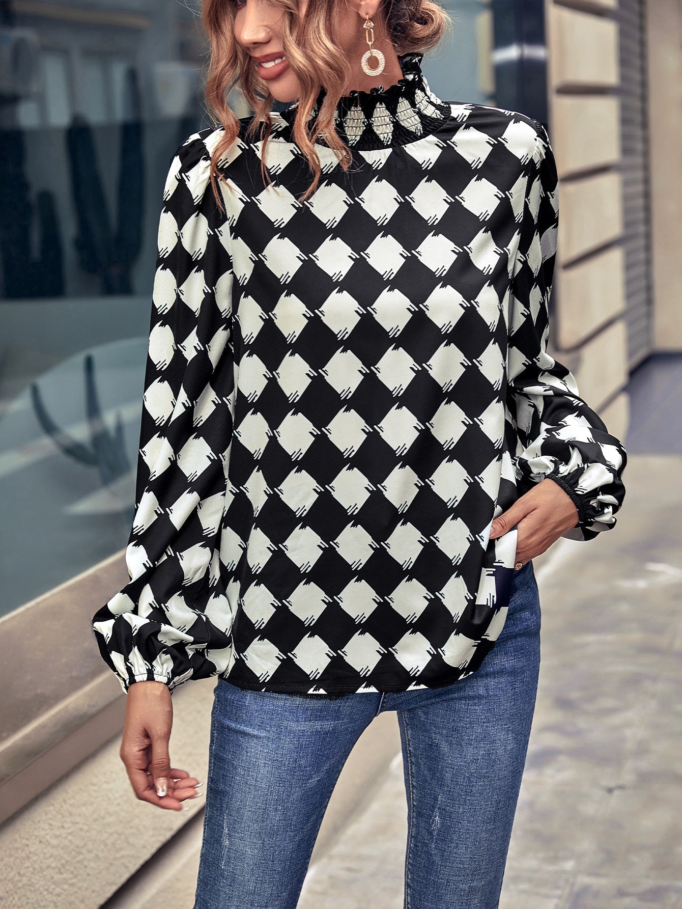 Damen Bluse Hochgeschlossener Kragen Grafisches Muster Norvielle