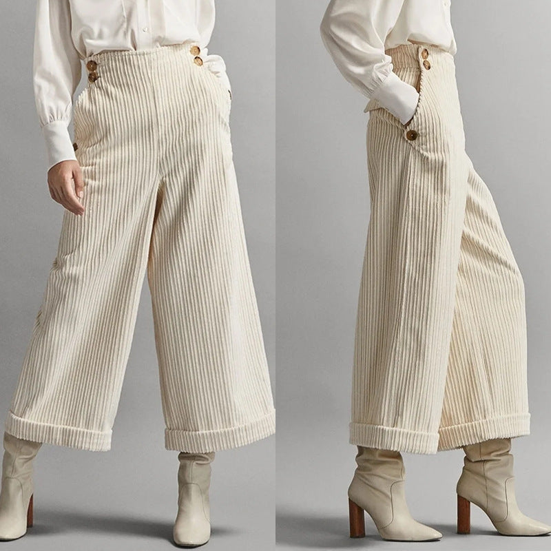 Damen Cordhose Weit Norvielle Dekorative Knöpfe - Norvielle
