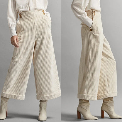 Damen Cordhose Weit Norvielle Dekorative Knöpfe - Norvielle
