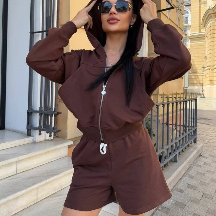 Damen Sportliches Zweiteiler-Set Kurzarm Jacke und Shorts - Norvielle