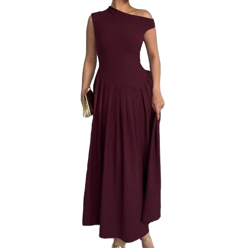Damen One-Shoulder Maxikleid Faltenwurf Fließender Rock Norvielle