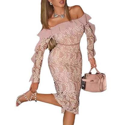 Damen Off-Shoulder Spitzenkleid Voluminöse Rüschen Figurbetont