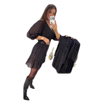 Damen Kleid mit Puffärmeln und Gürtel Norvielle
