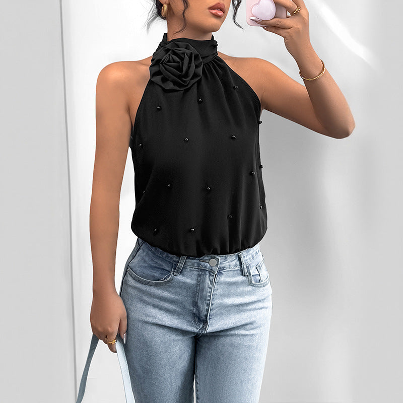 Damen Halterneck- Blumenapplikation Perlen Weiß