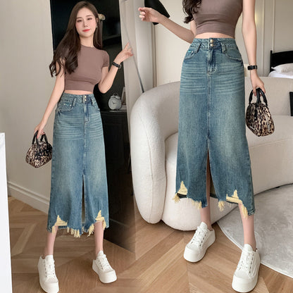 Damen Denimrock Langer Rock mit Seitenschlitz und Fransen Saum - Norvielle