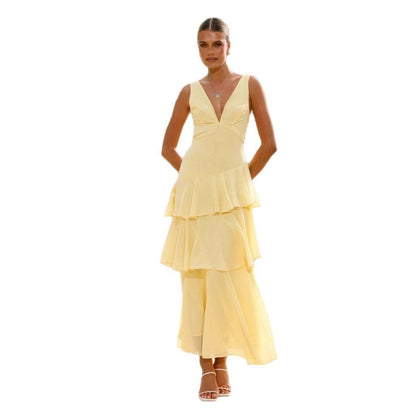 Damen Maxikleid Asymmetrischer Volant V-Ausschnitt Norvielle