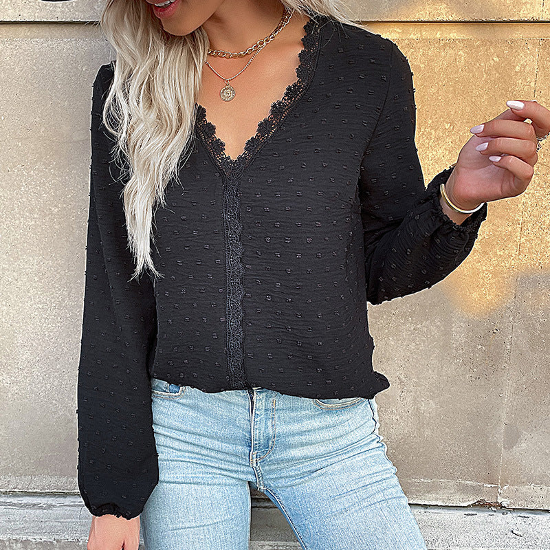 Damen Bluse Spitzenbesatz Puffärmel Elegantes Design