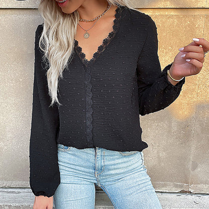 Damen Bluse Spitzenbesatz Puffärmel Elegantes Design