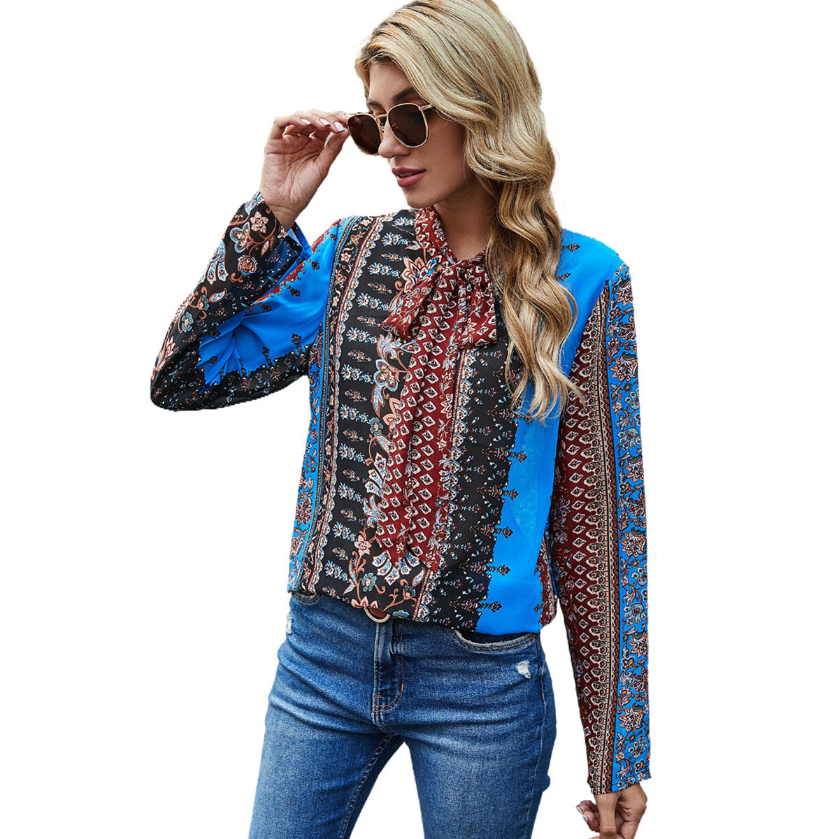 Damen Bluse Rüschendetails Kontrastmuster Norvielle