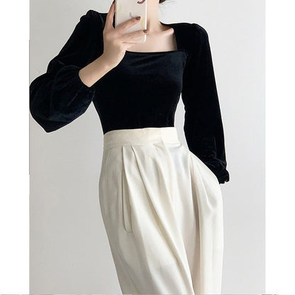 Damen Strickoberteil Puffärmel Quadrat-Ausschnitt Elegantes Design