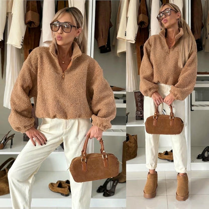 Damen Fleece-Pullover Norvielle Hochkragen Elastisch Beige