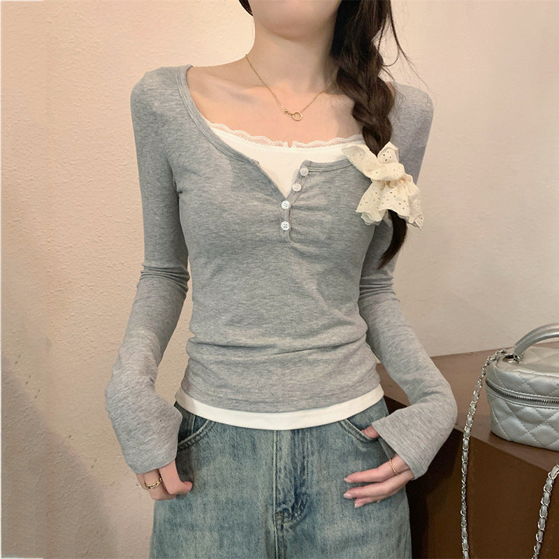 Damen Langarmshirt Knopfverschluss Schleifendetail Norvielle