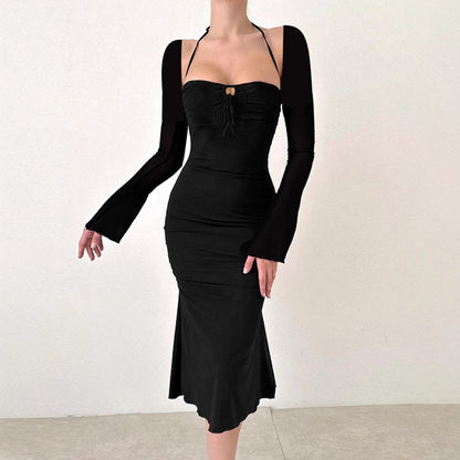 Damen Kleid Figurbetont Schmale Träger Flügelärmel Norvielle