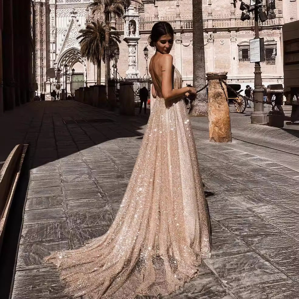 Damen Abendkleid Tiefes V mit Tüll Schimmernd Norvielle
