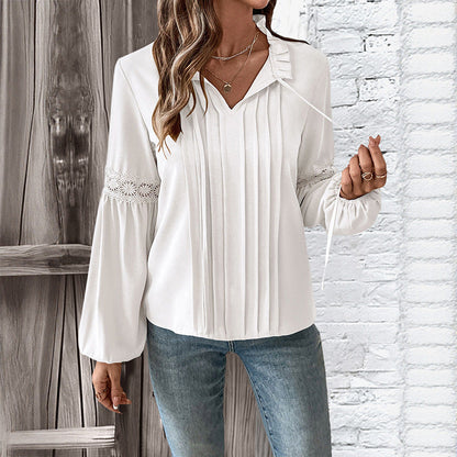 Damen Longbluse Spitzenakzente Feine Falten Norvielle