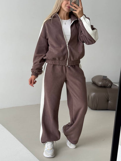 Damen Fleece-Jogginganzug Sportlich Hochkragen Seitliche Streifen