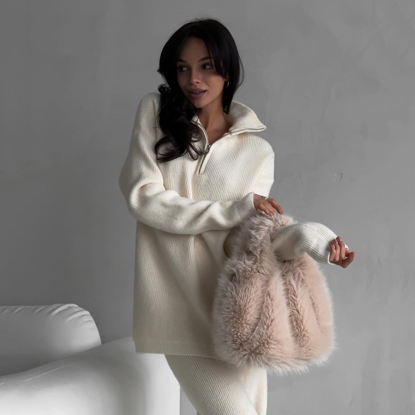 Damen Strickpullover Oversized mit Reißverschluss und hohem Kragen