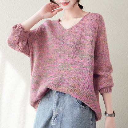 Damen Oversized Pullover V-Ausschnitt Grobstrick Beige
