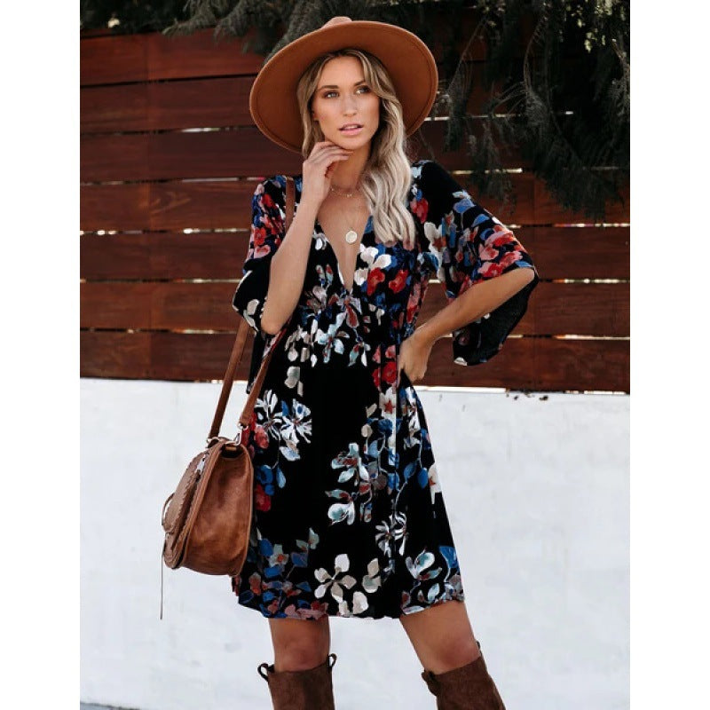 Damen Wickelkleid Boho-Stil Weite Ärmel Floralmuster Norvielle