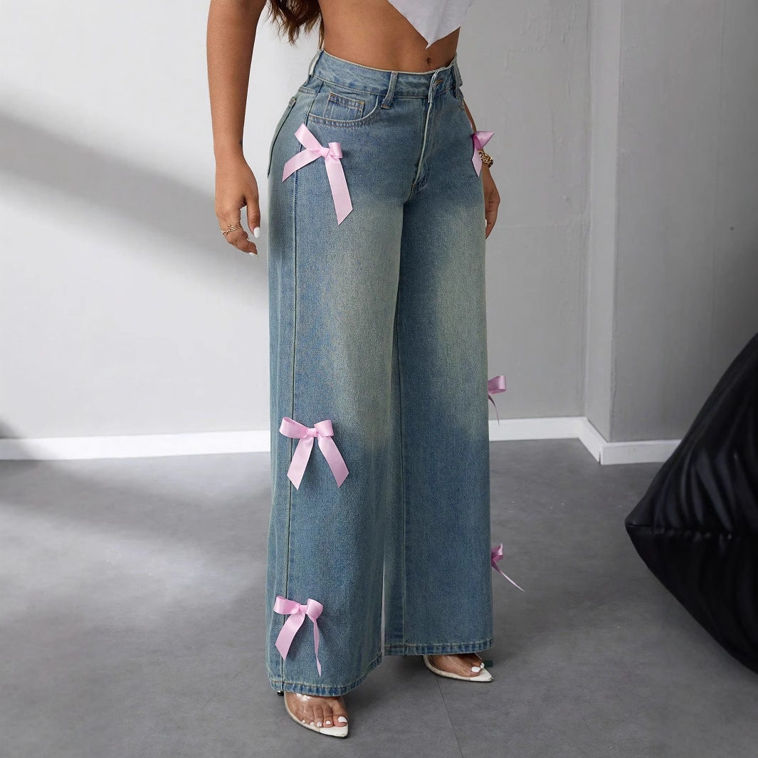 Damen High-Waist Jeans Weite mit Schleifenapplikationen