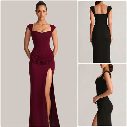 Damen Maxikleid V-Ausschnitt Seidenchiffon Schwarz - Norvielle