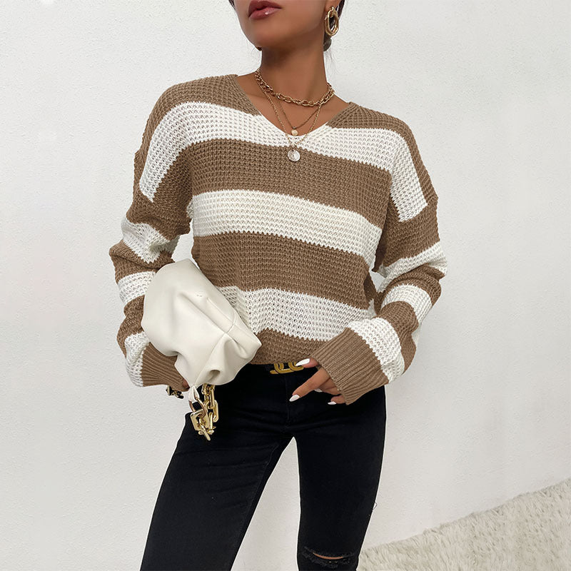 Damen Pullover Strukturiertes Waffelmuster V-Ausschnitt Norvielle - Norvielle