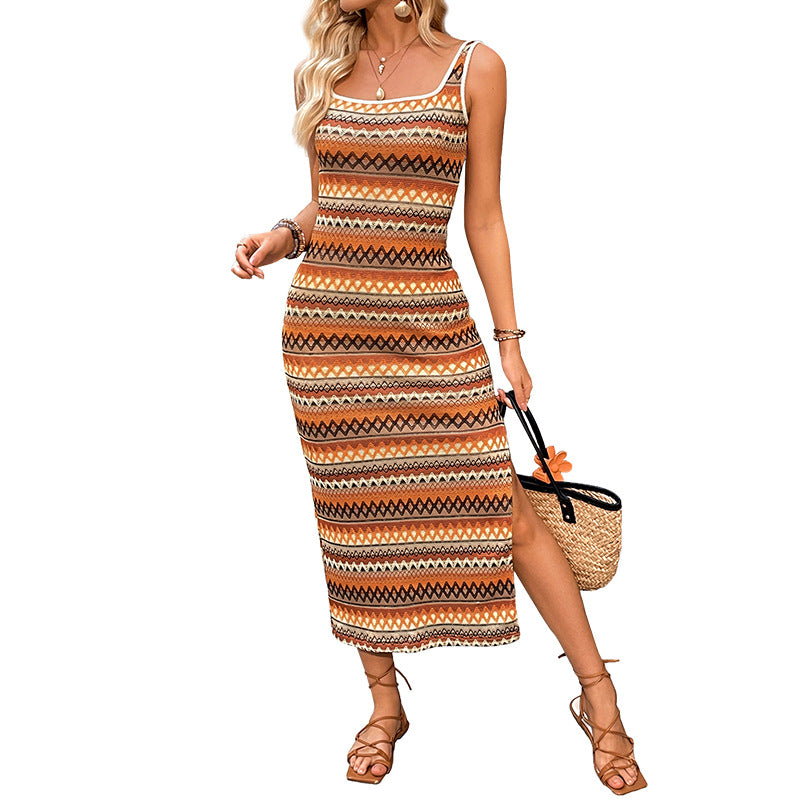 Damen Maxikleid Bunt Jacquardmuster Seitlicher Schlitz