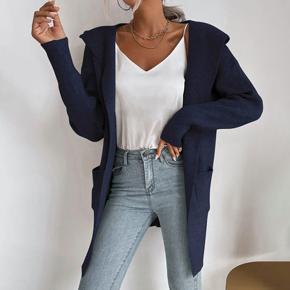 Damen Strickcardigan Offene Front Hochkragen Beige