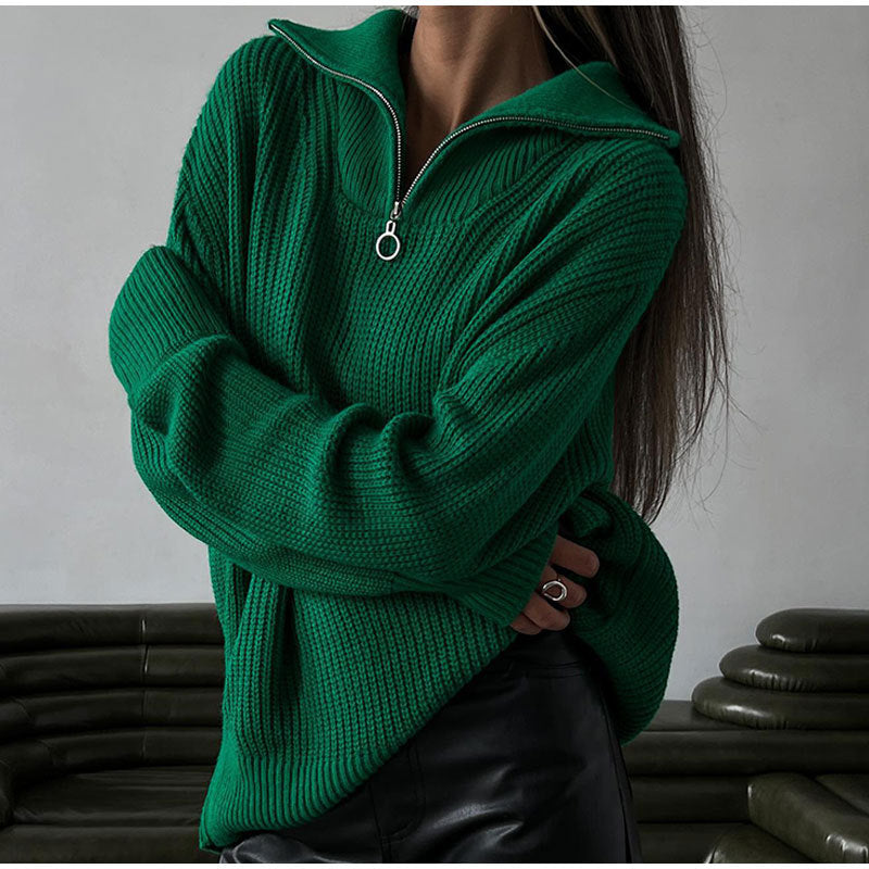 Damen Oversized Strickpullover Stehkragen Reißverschluss Norvielle