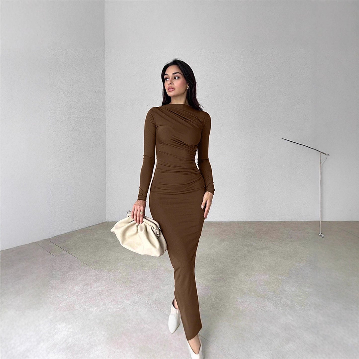 Damen Langarmkleid Figurbetont Raffung Elegant Norvielle