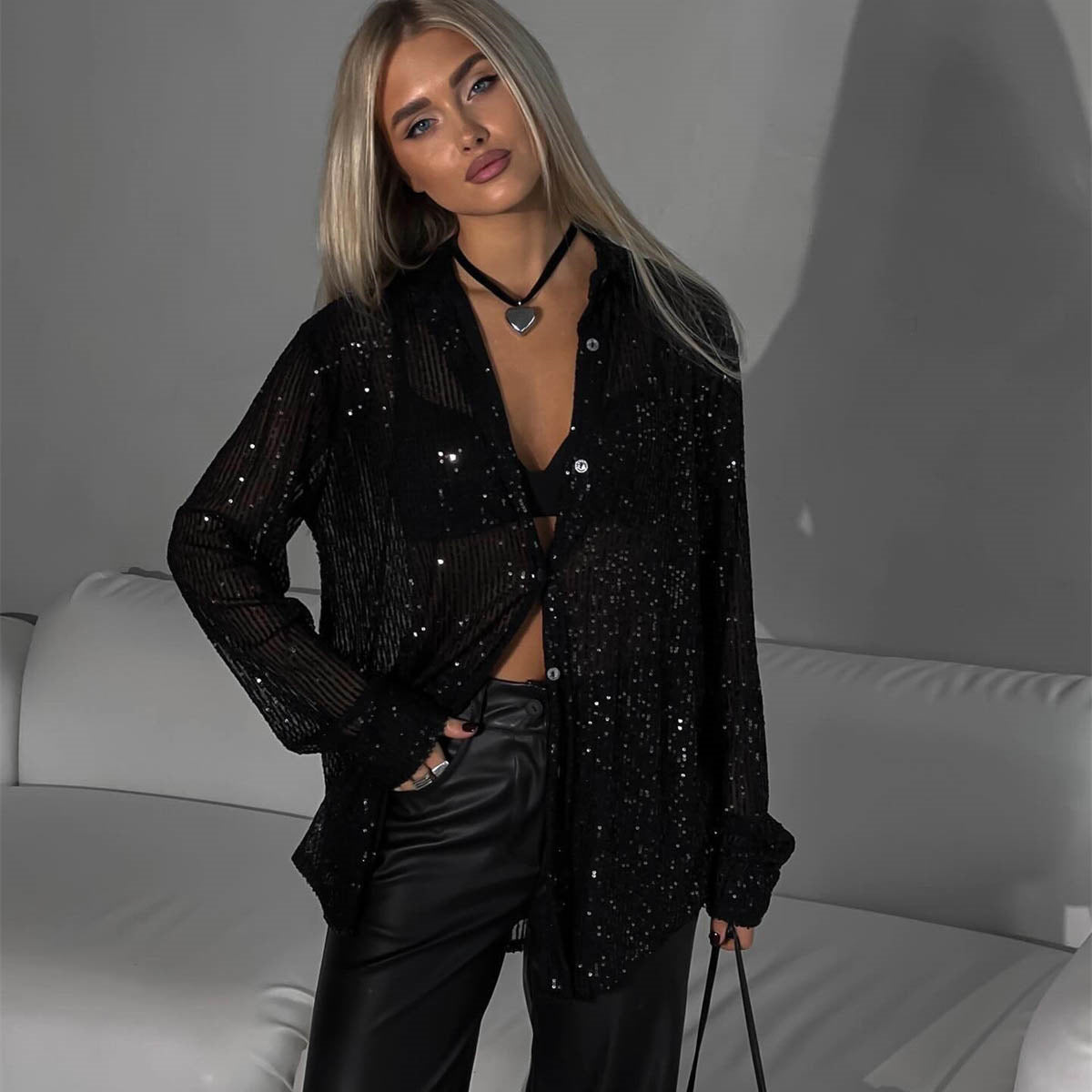 Damen Glitzerbluse Schimmernder Stoff Lässiger Schnitt