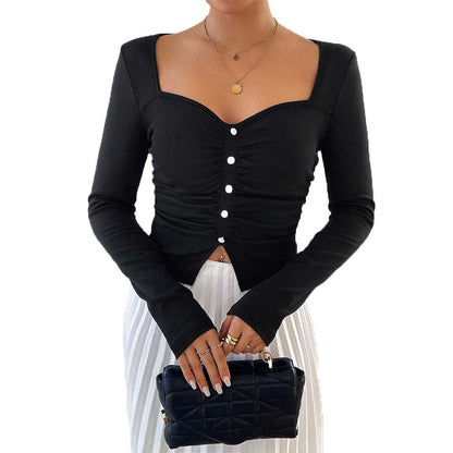Damen Crop- Langarm Raffdesign Dekorativer Knopf Detail Blütenweiß