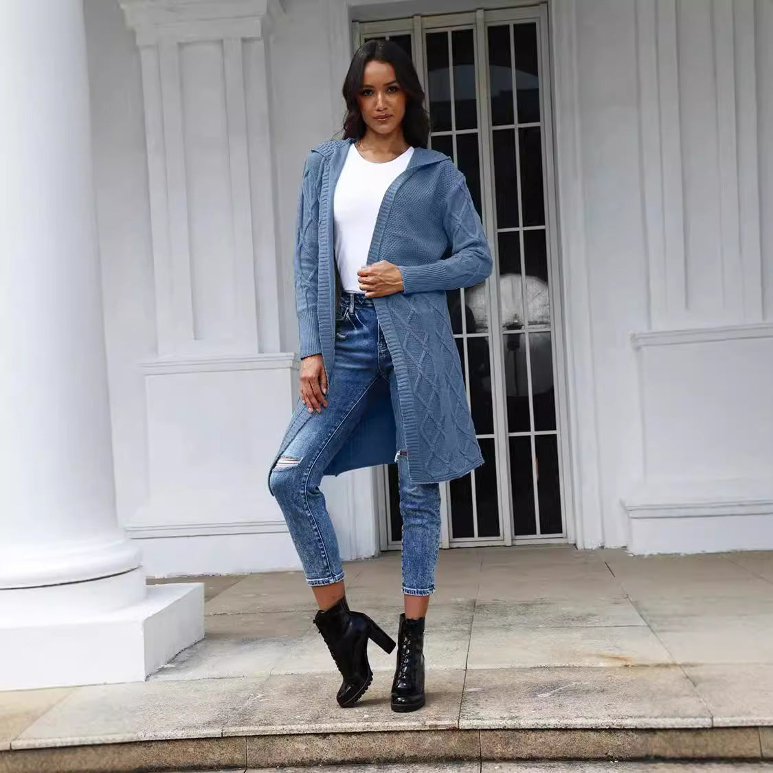 Damen Strickjacke Kapuze Zopfmuster Norvielle