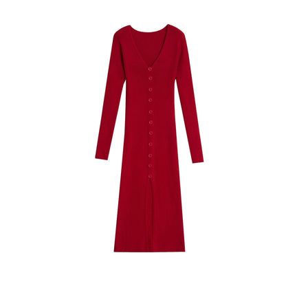 Damen Strickkleid V-Ausschnitt Hochgeschlossen