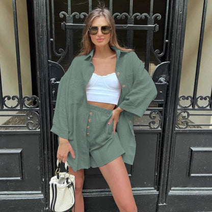 Damen Kurzarm-Hemd-Shorts-Set Leicht Baumwolle - Norvielle