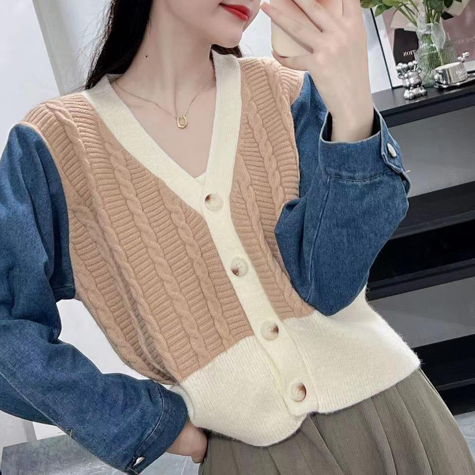 Damen Strickcardigan mit Denim Ärmeln