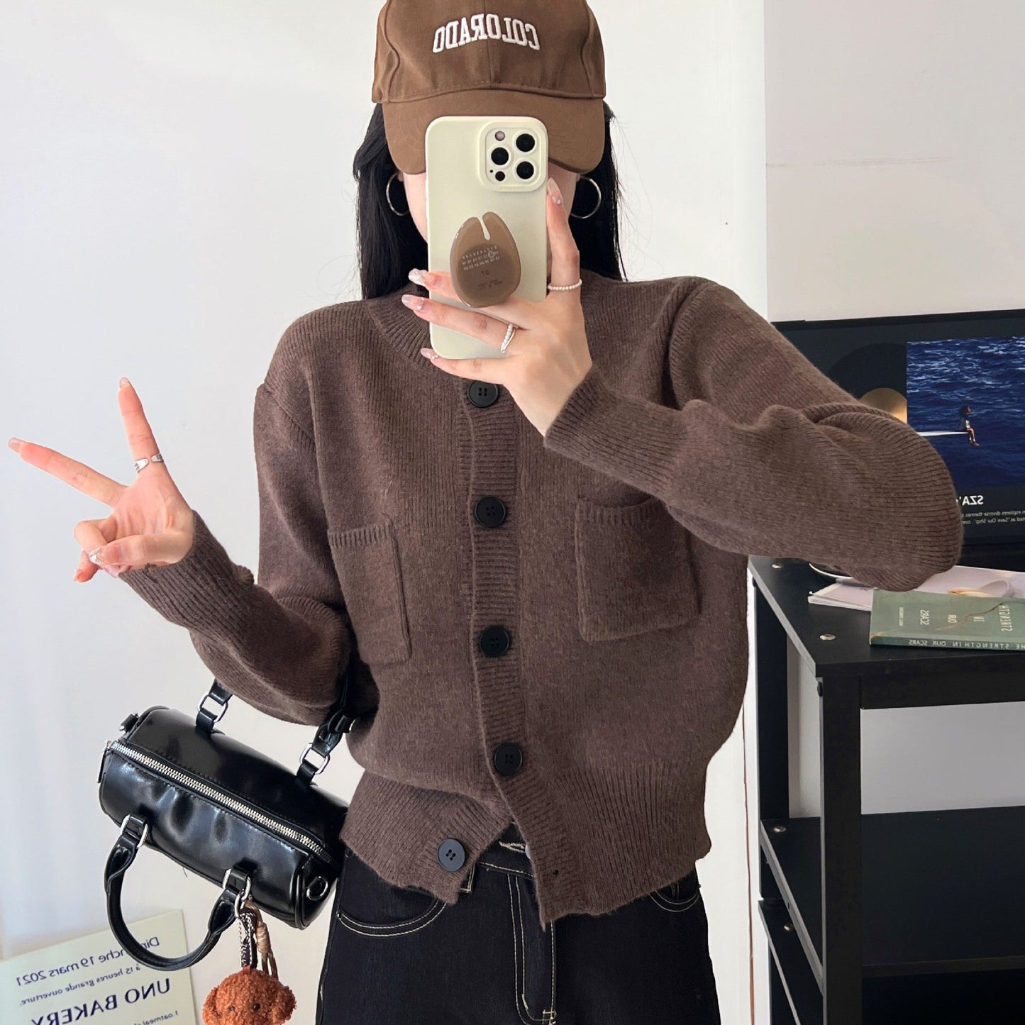 Damen Strickjacke Knöpfe Taschen Beige
