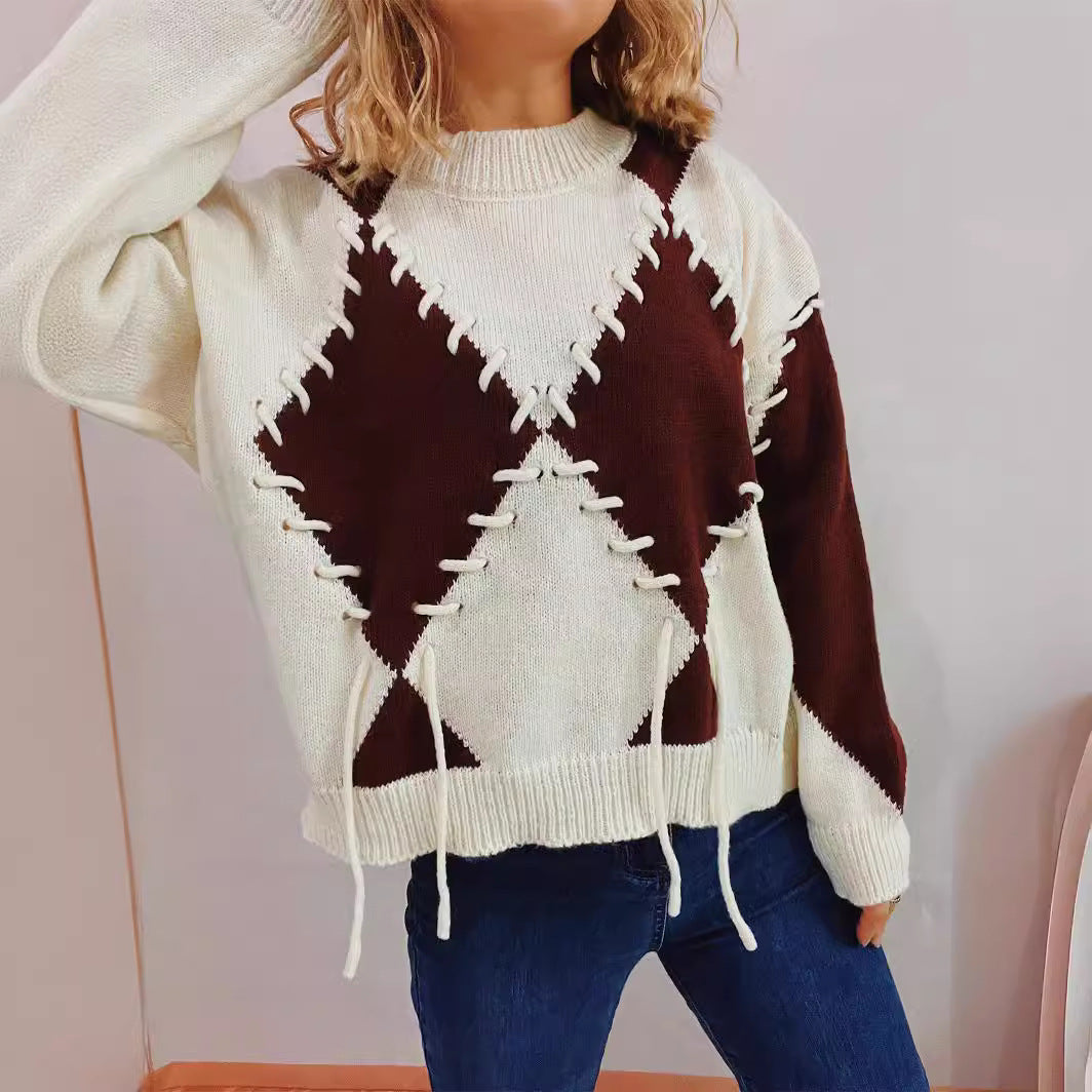 Damen Oversized Pullover Gekreuzte Nähte Beige