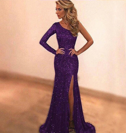 Damen Abendkleid Glitzer Asymmetrisch Hoch Beinschlitz