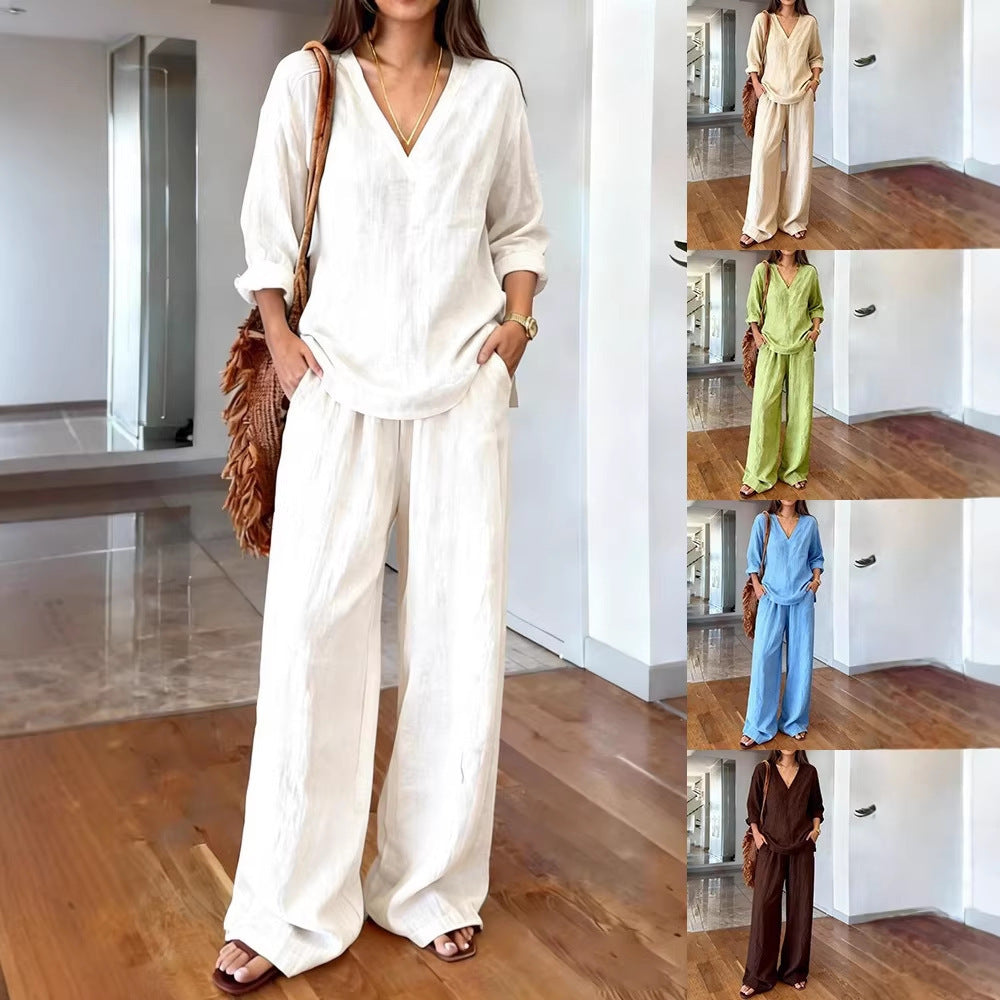 Damen Leinen-Oberteil und Palazzo-Hosen-Set Leinen Beige - Norvielle