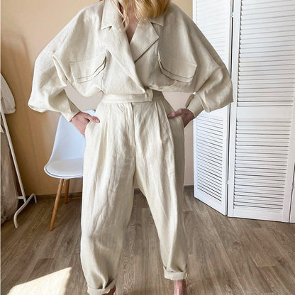 Damen Leinen-Jumpsuit Voluminöse Ärmel Eleganter Gürtel Beige